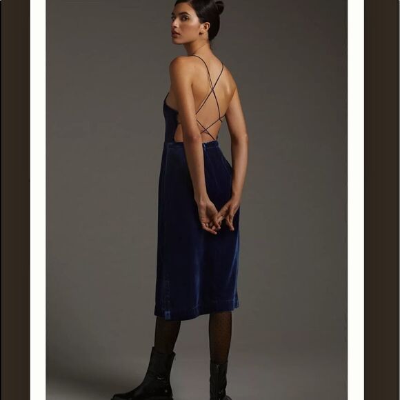 NWT Anthropologie Velvet Slip Midi Dress Blue Size 12 - Picture 5 of 15